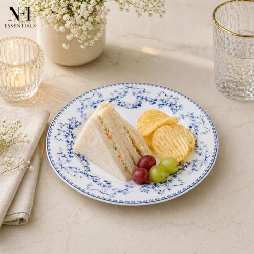 Image of NFI essentials 8 inch Ceramic Quarter Plate with Elegant Blue Floral Design, Premium Serving Plate for Snacks, Desserts, Breakfast & Appetizers, Microwave & Dishwasher Safe