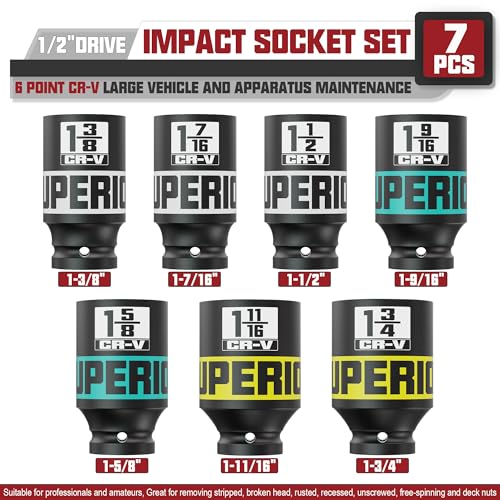 Image of 7pcs 1 /2 inch Drive Impact Socket Set, SAE Axle Nut Sockets,1-3 /8 inch to 1-3 /4 inch Thicker Jumbo Sockets, Socket Set, 6 Point, Cr-V, for Mechanics, Durable Professional Tool Kit