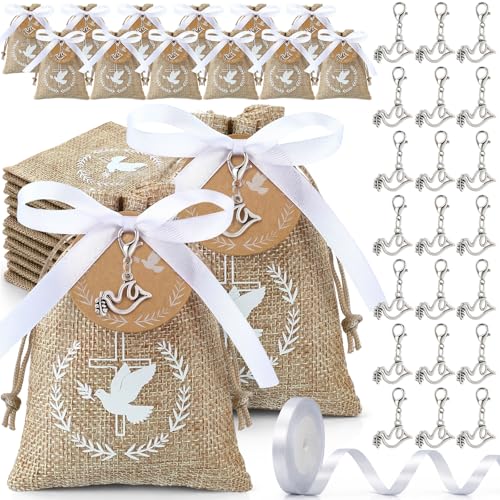 Hestya 36 Sachets Dragées Baptême avec Porte-Clés Motif Colombe, Étiquettes Rondes et Ruban Blanc – Pochettes Bonbon pour Baptême, Mariage ou Communion