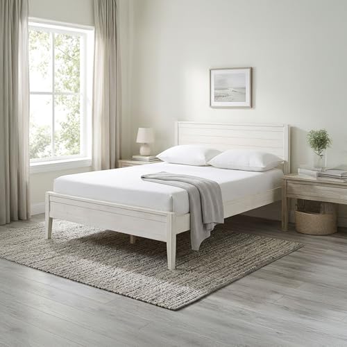 Alaterre Furniture Windsor Bed Frame with Headboard and Footboard - Solid Wood Full Platform Bed Frame with Wood Slat Support - No Box Spring Needed, Easy Assembly (White Driftwood, Panel Headboard)