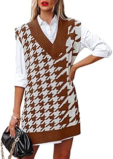 BLENCOT Women's Sleeveless Jumpers V Neck Sweater Vest Vintage Plaid Side Slits Knitted Tank Tops Pullover