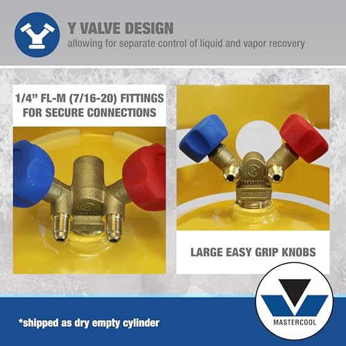 Mastercool 62010 30 lb Refrigerant Recovery Cylinder, DOT-Approved, 1/4" FL-M Connections, HP295 Steel, Yellow/Gray (No Refrigerant Included)