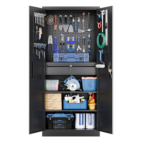 Image of Yizosh Metal Garage Storage Cabinet with Locking Doors and Drawers, Heavy Duty Steel Tool Cabinet with Pegboard, 71 inch - Lockable Cabinets for Garage, Warehouse, Basement (Black)