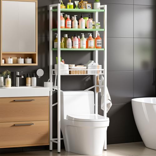 Image of Kalrin Over-The-Toilet Storage Rack, 4-Tier Bathroom Organizer Shelf Over Toilet with Adjustable Shelf and Basket, Freestanding Space Saver Bathroom Shelves Above Toilet for Room (Avocado Green)