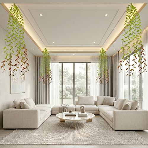 Image of Dekorly 75CM Artificial RainFlow Ivy Hanging Vines (Pack of 4) | Lush Green Cascading Creeper for Home & Balcony Decor (Rainflow Red Tail Vines)