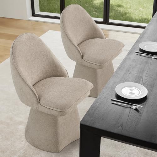 Image of KISLOT Swivel Dining Chairs Set of 2, Upholstered Mid Century Modern Deskchair with Round Back, Linen Fabric Kitchen Chairs for Dining Room, Bedroom, Dressing Room, Khaki