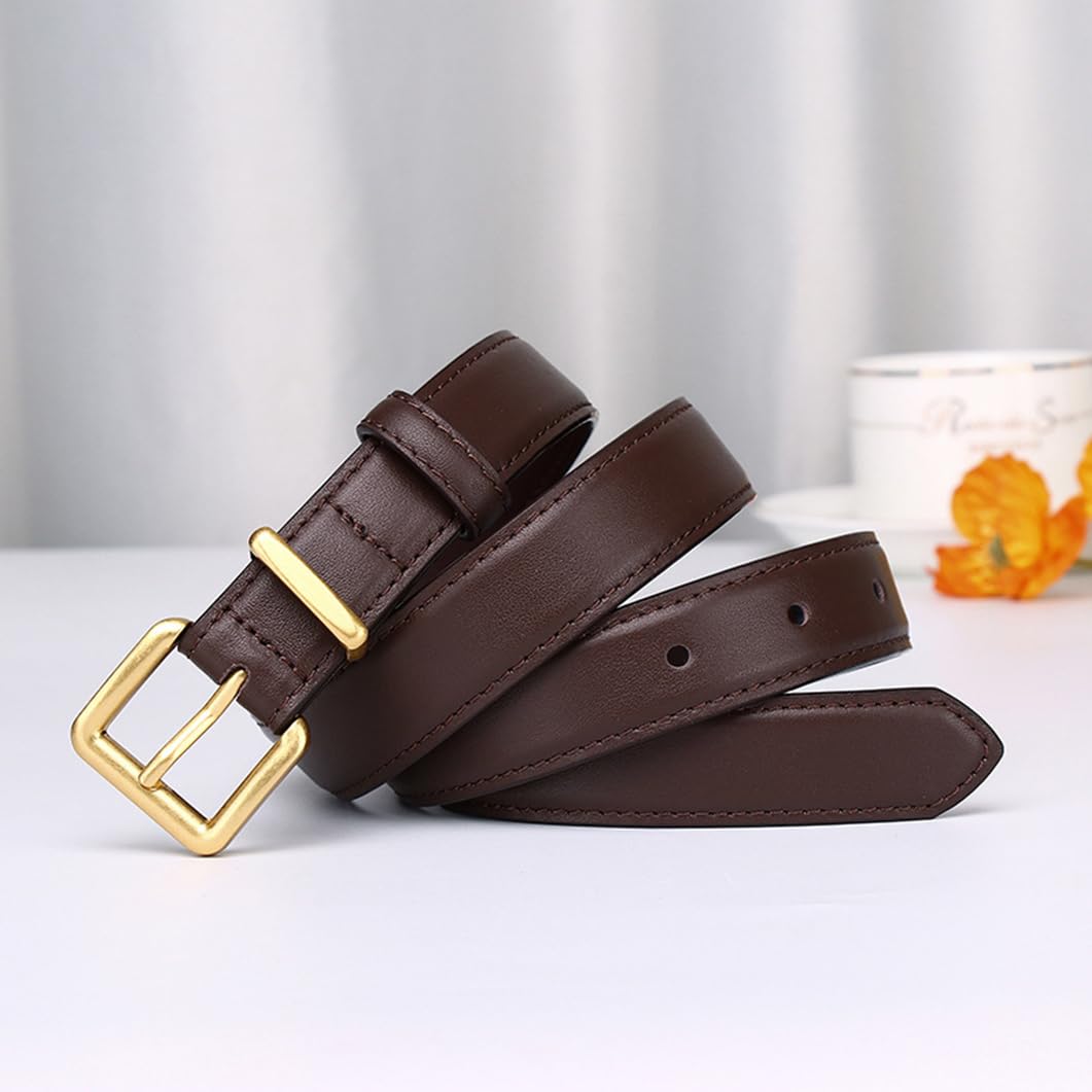 Mujer Cinturón Fino para con Costuras para Pantalones Vaqueros Y De Vestir 2,4cm De Ancho Correa De Cuero Cinturones con Hebilla Cuadrada Dorada(100cm/39, Coffee)