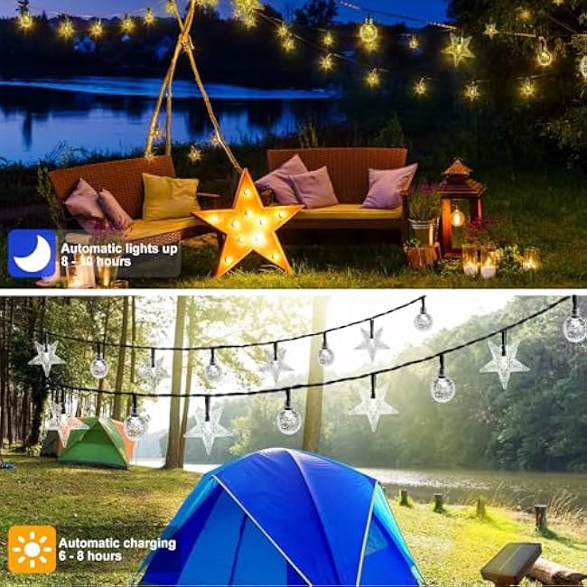 Solar String Lights Outside with 50LED Fairy Stars and Crystal Globes, Solar Twinkle Star Lights String, 32Ft Solar Globe Lights for Home Garden Party Halloween Thanksgiving Christmas Decor