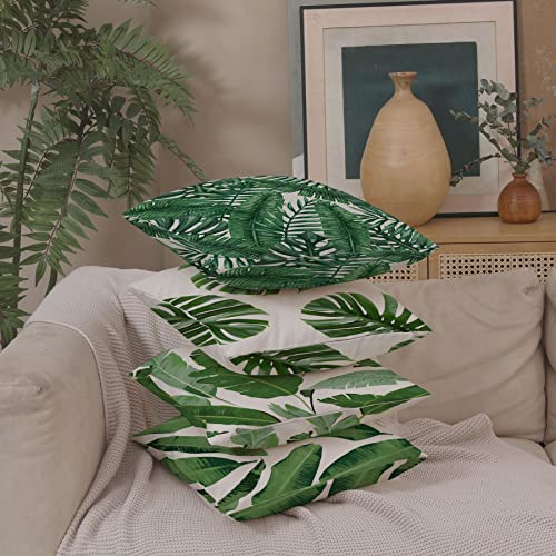 Ezving Pack Of 4 Green Tropical Leaves Throw Pillow Cover Summer Palm Tree Leaf Outdoor Decorative Linen Square Cushion Cover With Hidden Zipper For Sofa Bed Couch Car Living Room Decor 18X18 Inch #TOP4