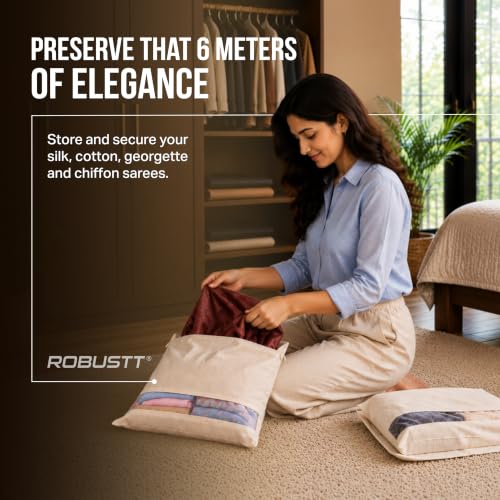 Image of Robustt Cotton Saree Cover for storage | set of 12| saree organiser for wardrobe | With 250 GSM Durable Saree Storage Bags with Zip cover & Clear Window design | Organizer for Ethnic Wear- Beige