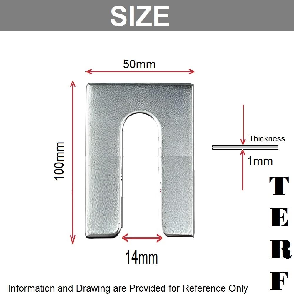 TERF 50 mm x 100 mm x 1 mm ranuras 14 mm acero galvanizado espaciadores metal alineación guardabarros cuña U arandela plana 1 mm paquete 4