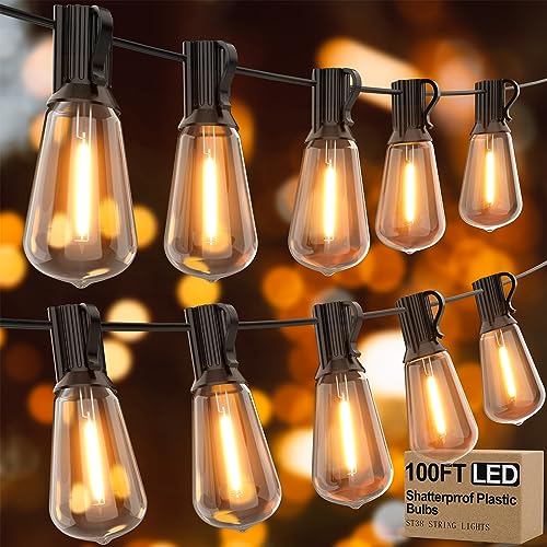 Apesaipu Outdoor String Lights 100ft ST38 with Waterproof Shatterproof 50(+2) LED Bulbs,Outside Hanging Vintage Edison Lights for Patio, Porch,Deck,Garden,Backyard,2500K Low Voltage (no dimmable)