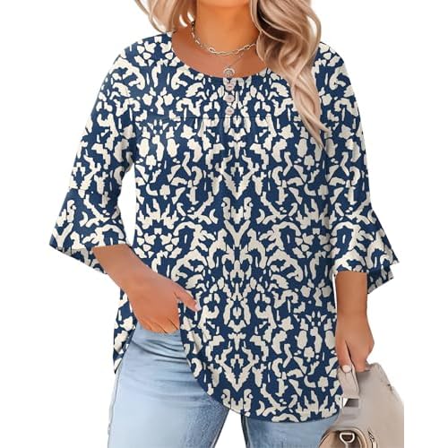 Rapbin Plus Size Tops for Women 3/4 Ruffle Sleeve Crew Neck Button Down Pleated Blouses Casual Fashion Tunic (1X-5X) Navy Blue Flower XX-Large Plus