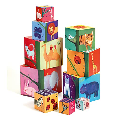 DJECO Lot de 10 Cubes Gigognes en Carton Epais - Blocs à Empiler dès 1 an - Motifs Nature et Animaux, Numéros - Couleurs Gaies - Ludique et Pédagogique,...
