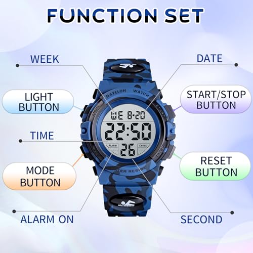 Image of Dayllon Kids Digital Watch Boys Outdoor Sports 50M Waterproof Girls Watches Alarm Clock 12 /24 H Stopwatch Calendar for Ages 3-15 Boy Girl Wristwatch Kids Gift