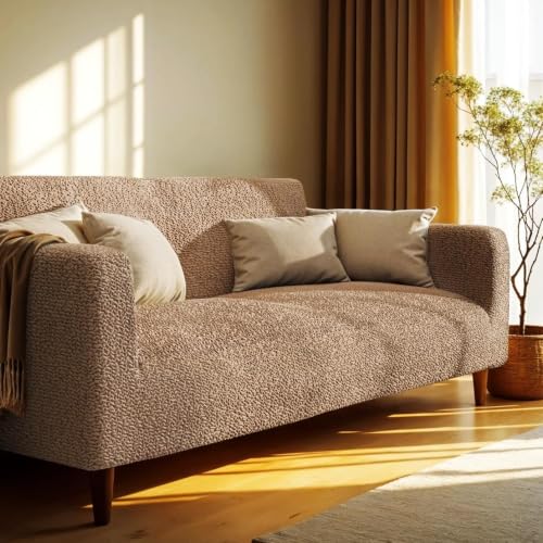 Image of Bellissima Sofa Covers - Premium Luxury Microfibra Plain Stretchable Sofa Cover 2 Seater Fully Covered Slipcover, Imported from Italy (Cappuccino)