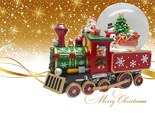 Lightahead Musical Christmas Santa Driving The Train Figurine with Snowman Gifts Christmas Tree Inside Falling Snow Water Ball Snow Globe in Polyresin