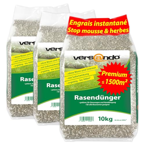 versando 30kg jusqu'à 1500m² d'engrais gazon printemps: repousse la mousse et les mauvaises herbes pour un gazon sain et bien vert Engrais de printemps à...