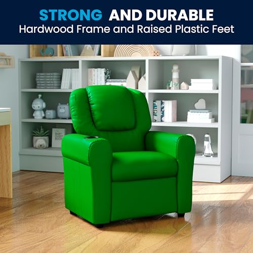 Image of Flash Furniture Vana Vinyl Kids Recliner with Cup Holder, Headrest, and Safety Recline, Contemporary Reclining Chair for Kids, Supports up to 90 lbs., Green