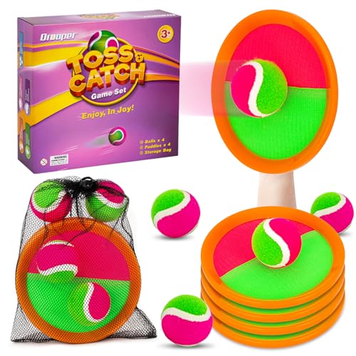 Qrooper Kids Outdoor Toys - Toss and Catch Game Set, Outside Yard Camping Beach Pool Toys Games for Boys Girls 3 4 5 6 7 8 9 10 Year Old, 4 Paddles 4 Balls (Orange+Orange)