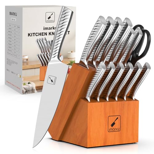 imarku 14-Piece Knife Set with Block, High Carbon Stainless Steel Kitchen Knives with Built-in Sharpener, Dishwasher Safe, Ergonomic Non-Slip Handle, Perfect for Home Cooks & Chefs, Brown