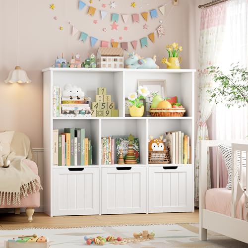 Image of FOTOSOK Toy Storage Organizer with 3 Movable Drawers, Toy Organizer with Hidden Wheels and 5 Open Cubbies, Multifunctional Floor Storage Chest for Playroom, White