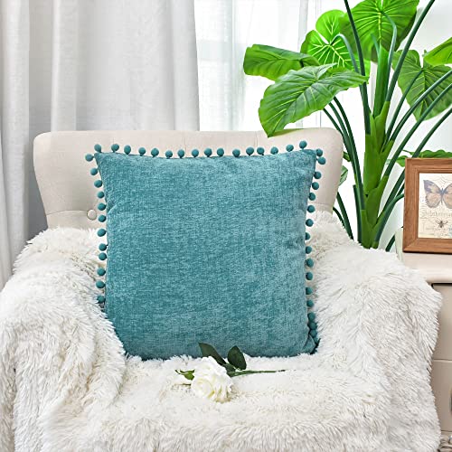 CaliTime Pillow Cases Pack of 2 Cozy Solid Dyed Soft Chenille Cushion Covers with Pom Poms for Couch Sofa Home Decoration 55cm x 55cm Teal - Image 3