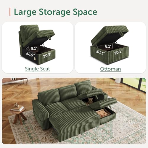 Image of HONBAY Modular Sectional Sofa with Pull Out Bed,Corduroy L Shaped Sleeper Sofa with Storage, Sectional Couches for Living Room,Green