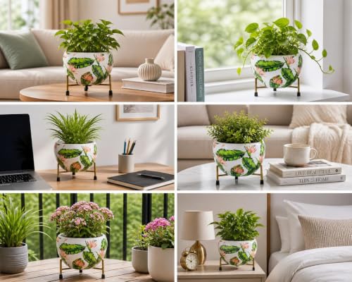 Image of Metal Flower Vase Planter with Iron Stand | Leaf Prints Decorative Indoor Plant Pot for Home Decor | Ideal for Succulents & Small Plants | Sunlit Symphony Design | 6x6x6 Inches