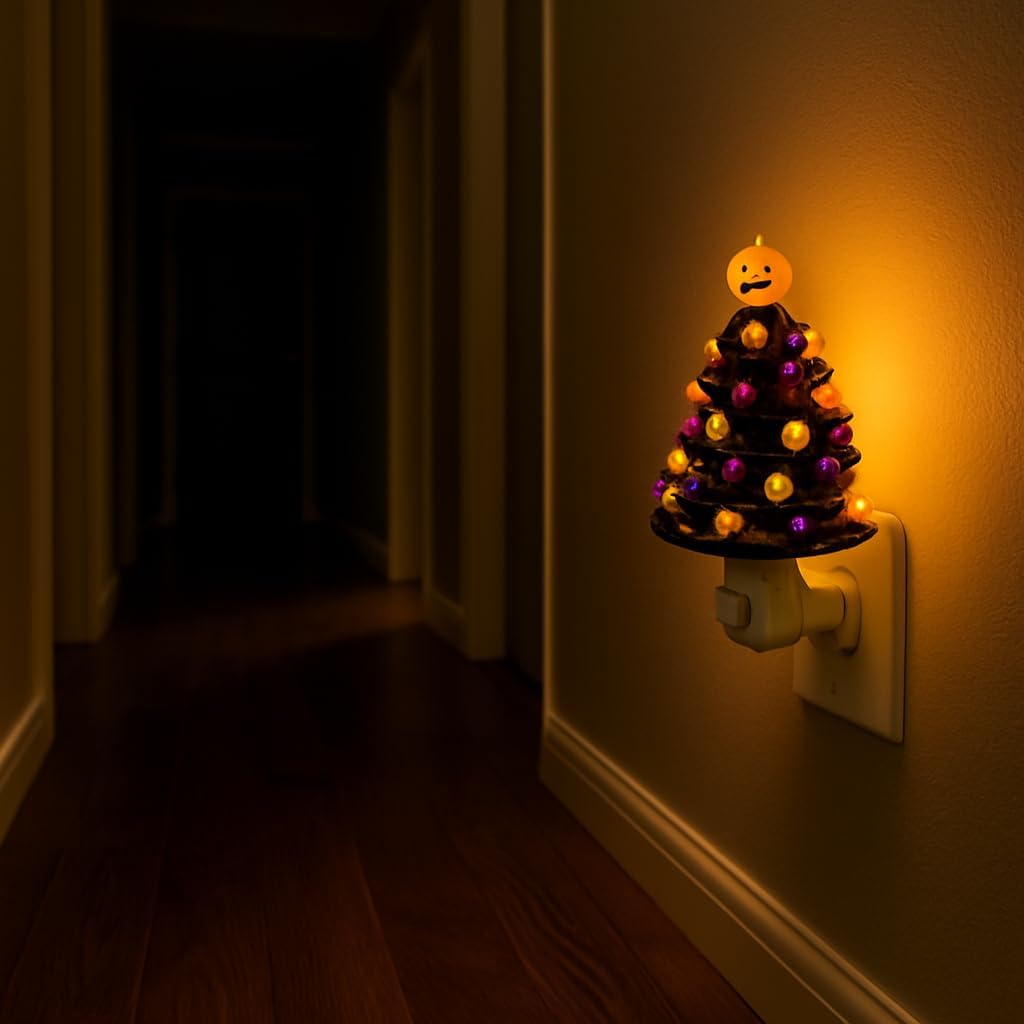 Halloween Ceramic Night Light Plug-in | Black Christmas Tree with Pumpkin Head & LED Lights | Festive Halloween Nightlight Decor | Jack O' Lantern Decoration Plug-in Lamp for Bedroom & Hallway
