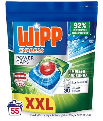 Wipp Express Power Caps Higiene y Antiolores Detergente en Cápsulas para Lavadora, 55 dosis, Limpieza Profunda, Eficaz en agua fría, versión antigua