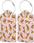2 Pack Tigres mignons Balises de bagage rose pour Valises, Tag de bagages en cuir avec LoopName Id Cover Travel Bag Etiquettes Set pour Femmes Hommes Garçons Filles Enfants