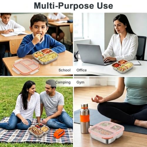 Image of Supvox Steel Tiffin Box for Kids, Snack Box for Kids with Airtight Seal | 3-Compartment Food Container, BPA Free Clear Lid, Portable Bento Box for School Office Travel, 600ml