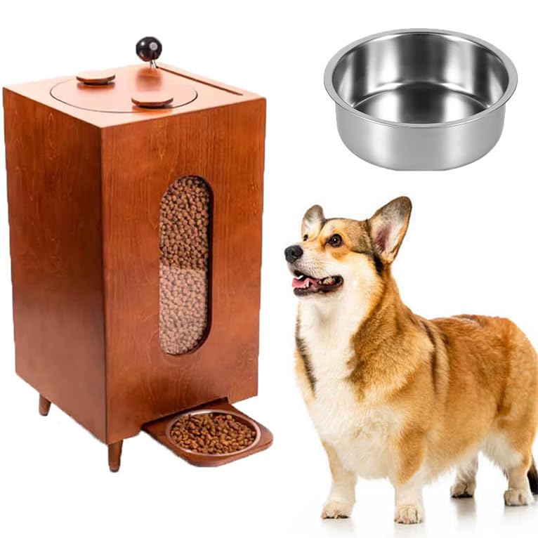 Comedero Elevado de Madera para Mascotas, estación de alimentación para Mascotas con tazones de acero Inoxidable, Puede almacenar 10 kg de Comida para Perros,A-M