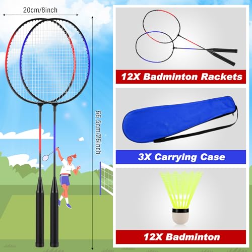 Image of 12 Pack Badminton Rackets Set Including Badminton Racquets, Nylon Shuttlecocks and Carry Bag for Outdoor Backyard Games Beginners