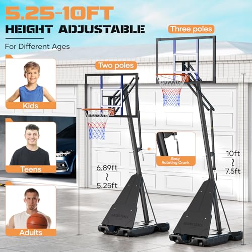 Image of Asbest Adjustable Basketball Hoop Outdoor 10FT with 44 /48 Inch Backboard, Portable Basketball Hoops & Goals Outdoor with Stepless Crank, for Youth Adults Kids