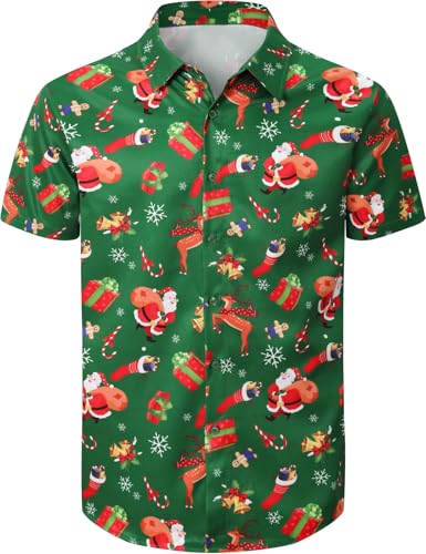 COSAVOROCK Herren Weihnachten Hemd Weihnachts Hawaii Casual Kurzarm Weihnachtshemd Weihnachts Grün L