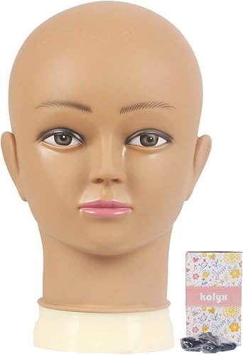 Miniatura 3 de Kalyx Cabeza de maniquí calvo para hacer pelucas, cabeza de maniquí de peluca para practicar coser en pelucas y soporte de abrazadera (marrón)