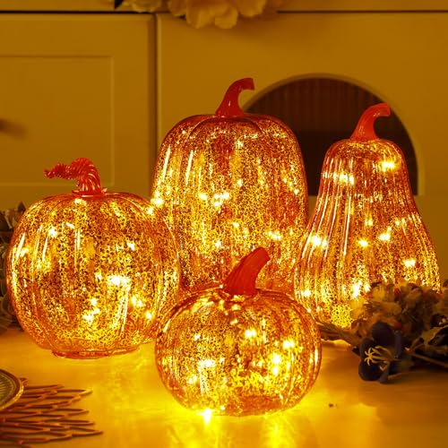 Glooglitter 4 Pack Glass Pumpkin with Lights and Timer 4 Size Lighted Mercury Glass Pumpkins for Fall Halloween Thanksgiving Decorations Home Table Centerpieces Porch Battery Operated(Orange Gold)