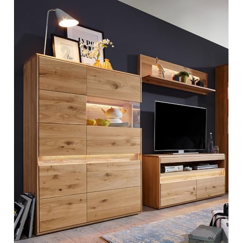 Wohnwand Wohnmöbel Set Eiche massiv geölt mit Highboard, Wandboard, Lowboard & LED-Beleuchtung, 3-teilig - Echtholz/Massivholz, Softclose, grifflos Wohnwand Wohnmöbel Set Eiche massiv geölt mit Highboard, Wandboard, Lowboard & LED-Beleuchtung, 3-teilig - Echtholz/Massivholz, Softclose, grifflos