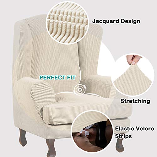 Turquoize Wingback Chair Covers 2 Piece Wing Chair Slipcover Stretch Slipcovers For Wingback Chairs Wing Chair Cover Spandex Jacquard Fabric With Elastic Bottom Non-Slip Furniture Cover,Biscotti Beige #TOP3