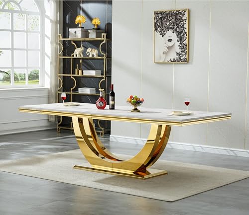 Mcltopz 94" Faux Marble White Gold Dining Table for 10,