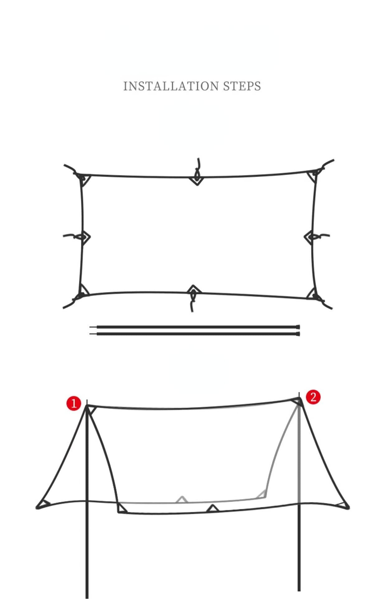 Toit de tente de camping - 3 x 3 m - Avec barre de support, piquets et cordon en nylon (vert herbe)
