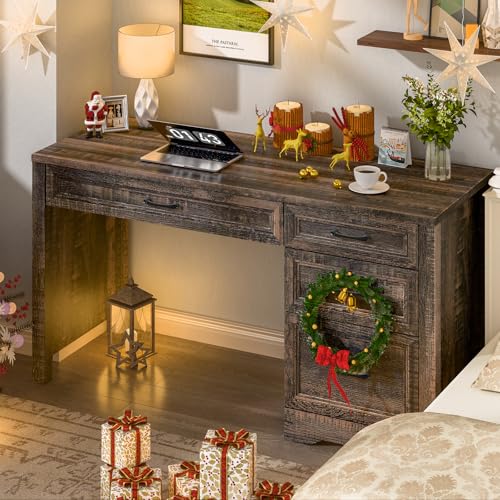 Image of Vabches Farmhouse Executive Desk with Storage and Ample File Drawer, Rustic Large Home Writing Desk for Bedroom, Dark Oak