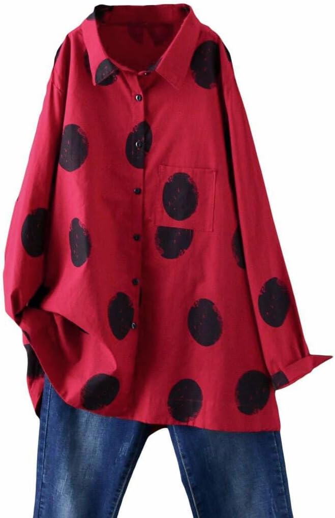 Minibee Women's Button Down Tunic Tops Polka Blouse Cotton Shirt