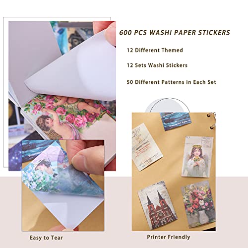 Image of 12 Sets 600 Sheets Washi Stickers for Journaling, Map Nature Celestial Portrait Boho Stickers Vintage Aesthetic Scrapbook Sticker Set for Bullet Journal Art Diary Card Craft Gifts Planner Notebook