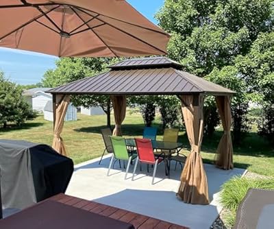 Domi 12' x 16' Hardtop Gazebo Permanent Metal Gazebo with Galvanized Steel Double Roof, Curtains and Netting for Party, Wedding, Outdoor Dining, Patio, Backyard, Brown