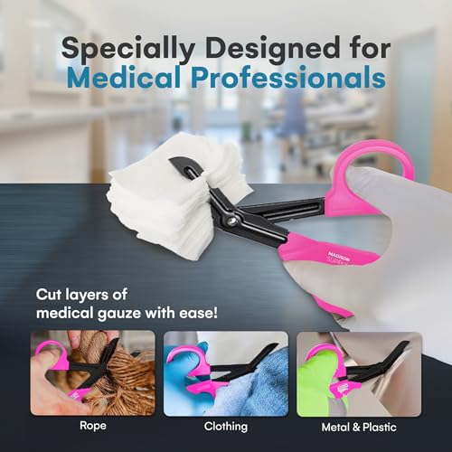 Image of Madison Supply 2 Pack Trauma Shears - 7.5 Inch Nurse Scissors with Quality Stainless Steel, Non-Stick Fluoride-Coated Blades, High-Impact Handles - Medical Bandage Scissors - Pink