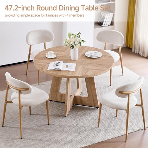 Image of 47 inch Round Dining Table Set for 4 with Chairs Circle Kitchen Table and Chairs Set Mid-Century Modern Chair with Metal Legs for Apartment Living Room(1 Natural Table + 4 Beige Chairs)