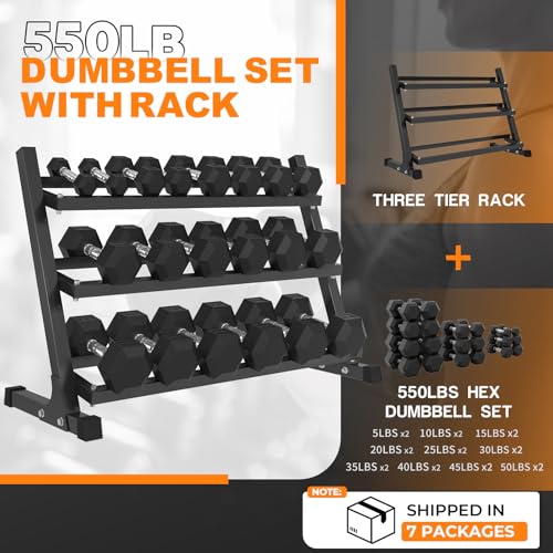 Image of Mikolo Dumbbell Sets with Rack, Rubber Hex Dumbbells, Multiple Choices in 160 /200 /380 /450 /550LB, Hand Weights with Chrome Handle for Strength Training
